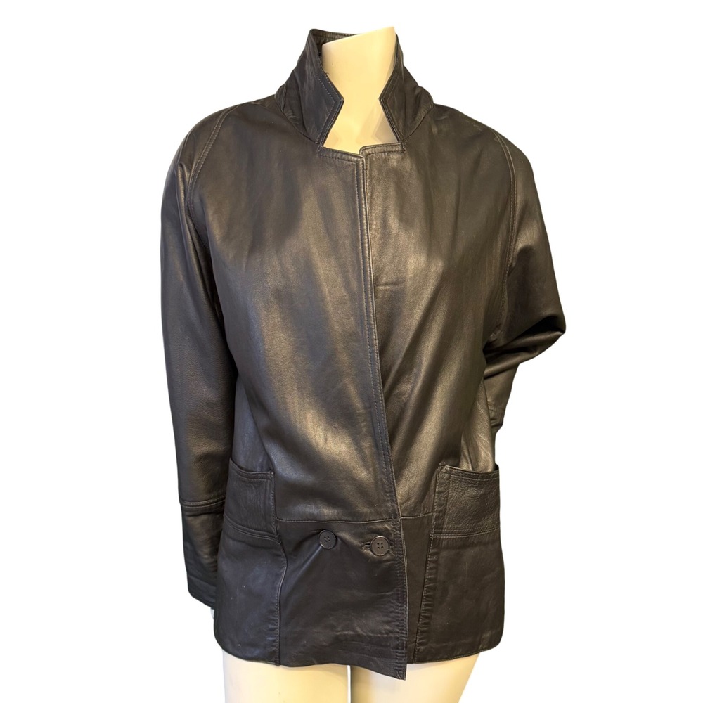 Vintage 90s Black Leather Blazer Jacket Minimalist Quiet Luxury Old Money Sz M